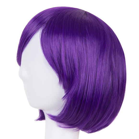 Fei-Show Bob Oblique Bangs Short Wavy Wigs Purple Synthetic Hairpiece - Picture 4 of 7